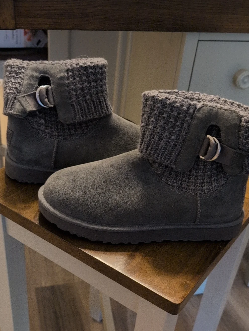 Ugg Women's Knit-Cuff Ankle Winter Boot with Buckle - Gray